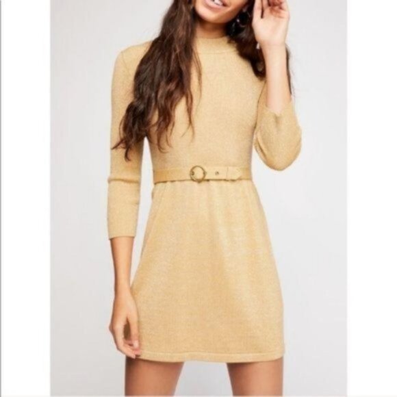 Free People 'French Girl' Sweater Mini Dress Knit Gold Metallic size S Boho - Picture 13 of 13